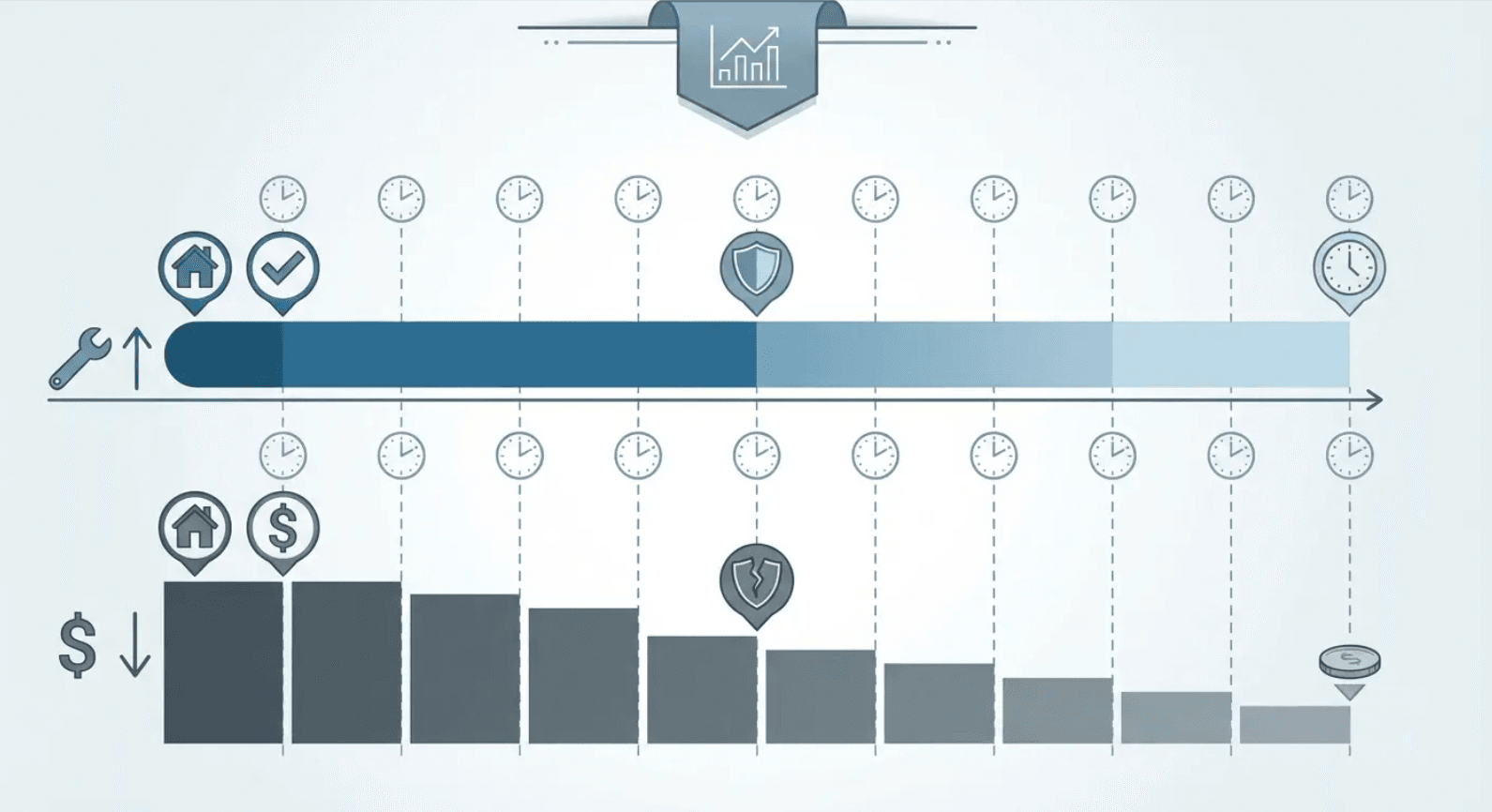 A depreciation chart showing the growing gap between roof insurance claims payouts and actual roof replacement costs over time.