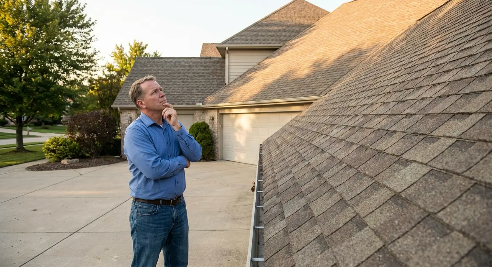 Homeowner checking worn shingles, showing clear signs a roof may need replacement soon