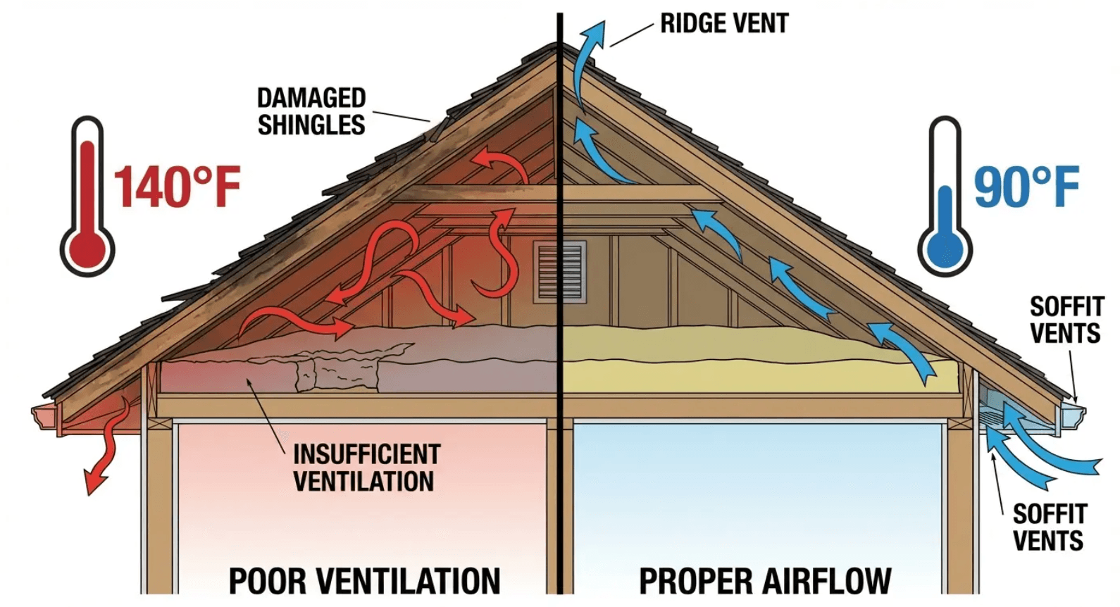 Diagram showing poor vs proper attic ventilation caused by incorrect roofer installation