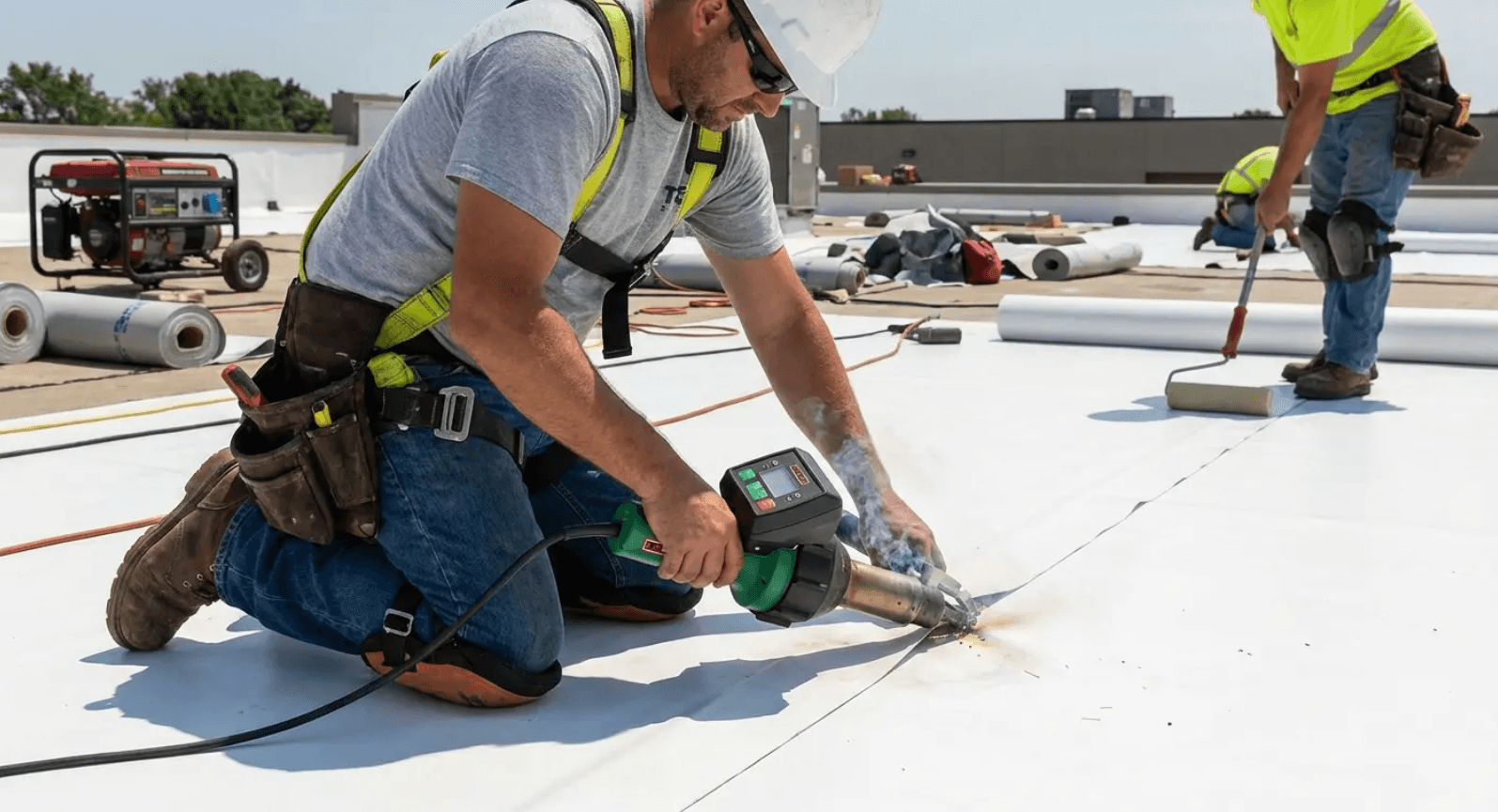 Worker kneeling on a rooftop, using a power tool to fasten white roofing membrane.