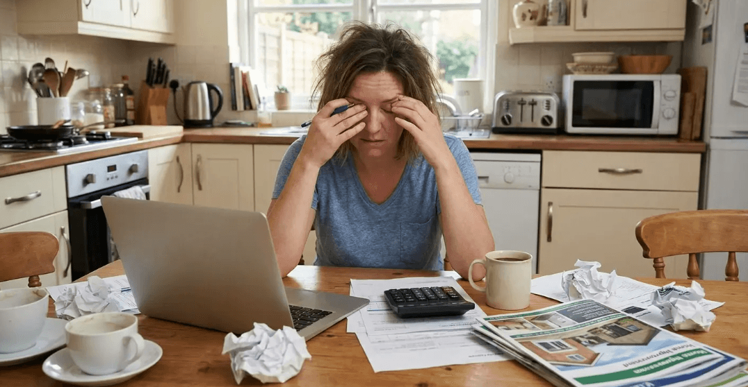 Stressed homeowner facing roofing costs, reflecting financial concerns in Roof Maxx reviews.