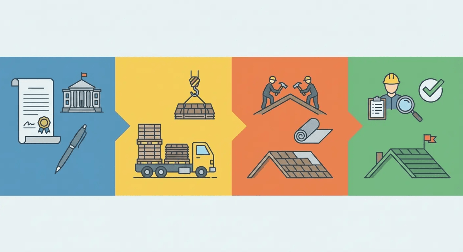 Four-panel infographic showing a process flow from blue to green, with icons for documents, structures, tools, and equipment.