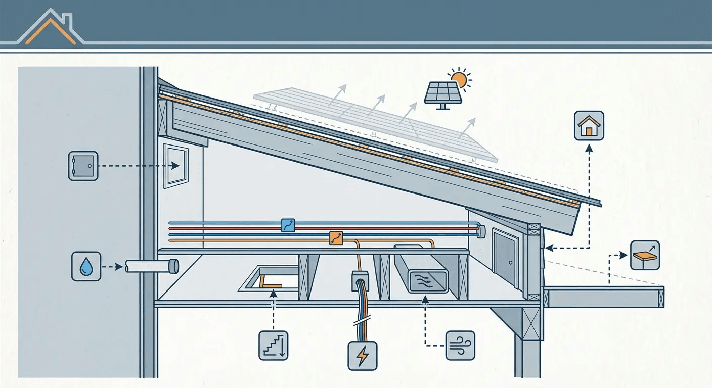 Labeled cross-section diagram of a sloped roof with insulation, framing, and wall-to-eave details