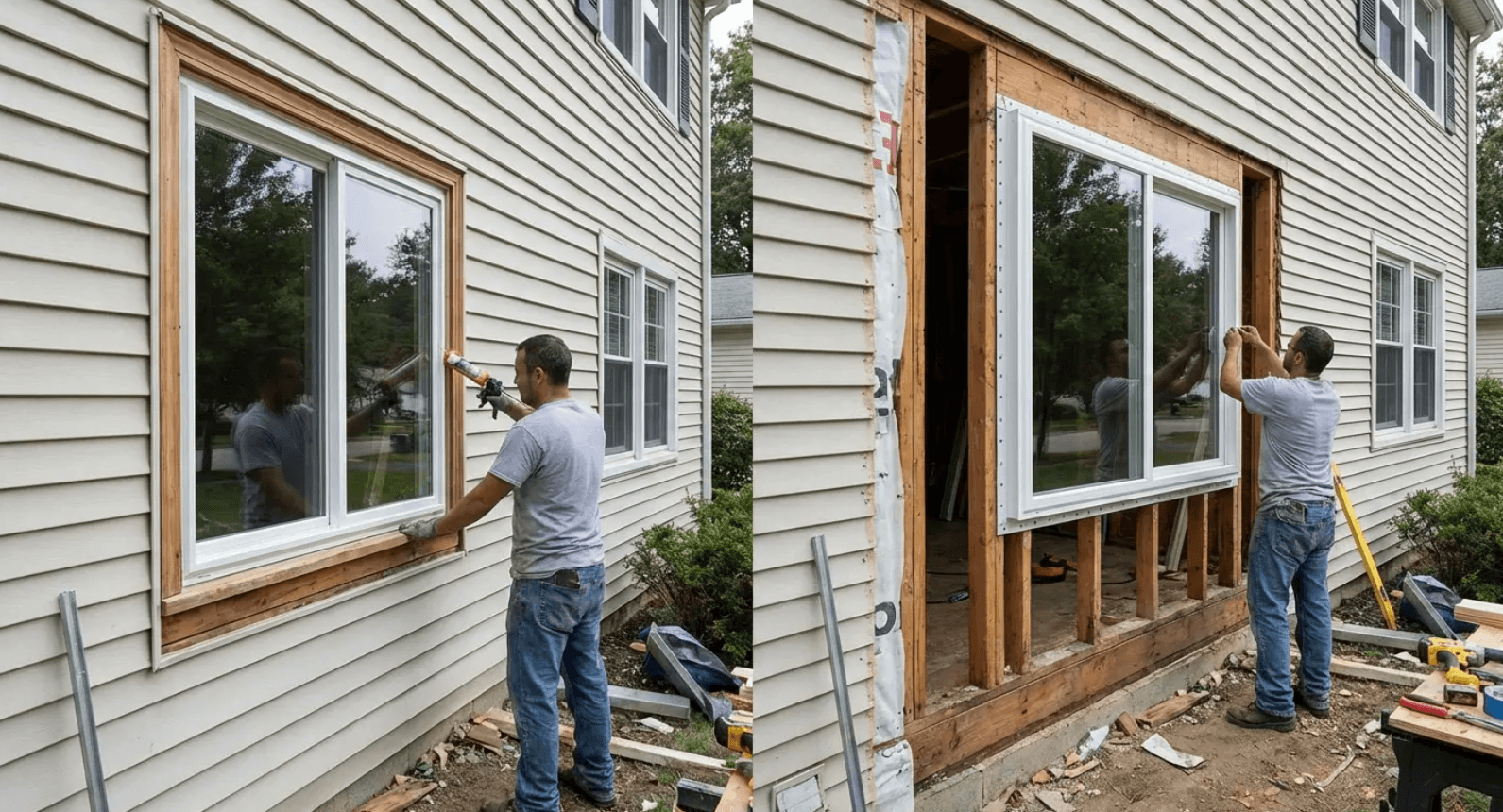 Worker replacing a house window on an exterior wall, with siding removed around the opening.