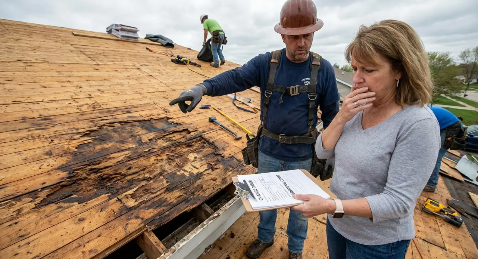 Contractor pointing out roof damage during an inspection, exposing issues a quick quote may overlook