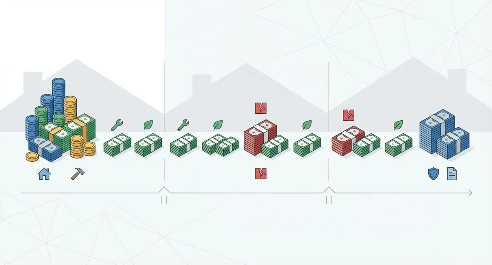 Flowchart with stacked cube icons in green, red, and blue showing a process across several stages