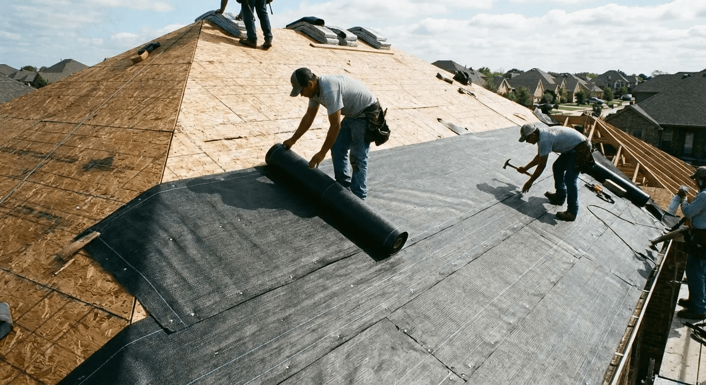 Roofers installing black waterproof underlayment on a steep roof in bright sunlight.
