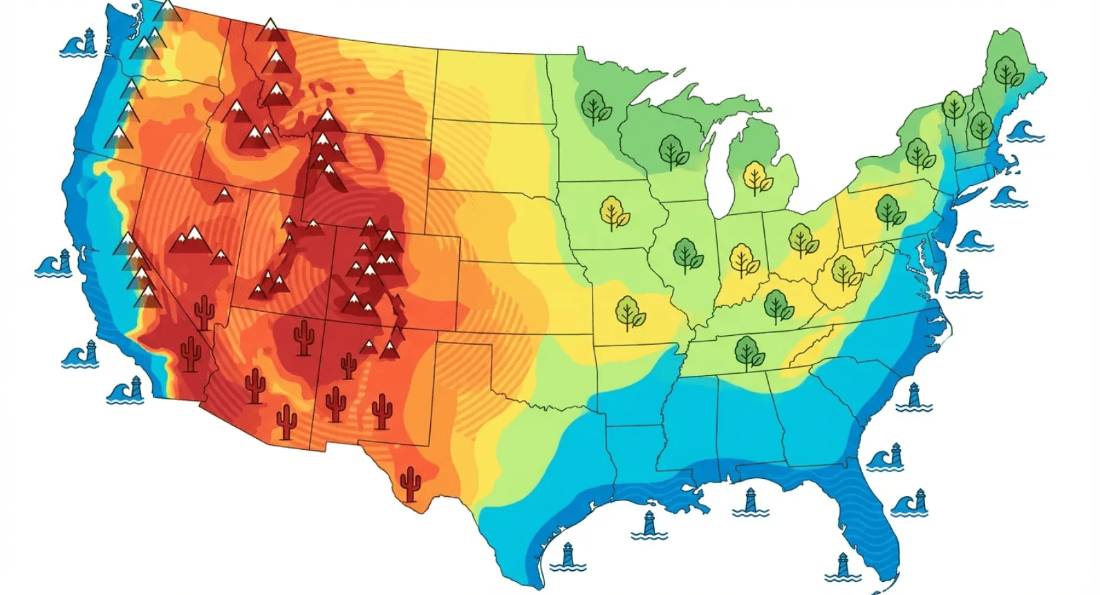 Color-coded map of the United States showing climate zones from hot red to cool blue