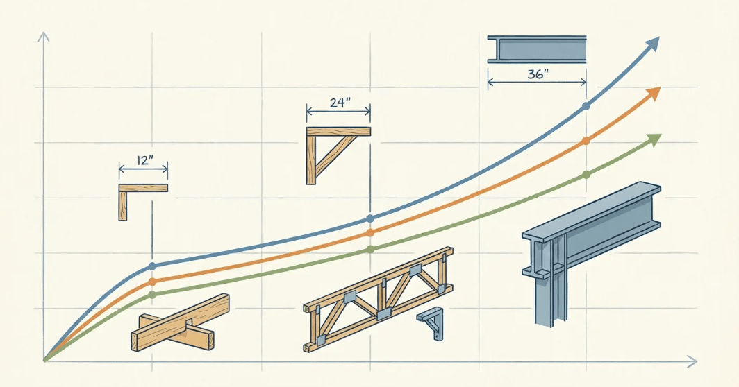 Diagram showing cost increase and structural complexity as roof overhang design extends beyond standard dimensions