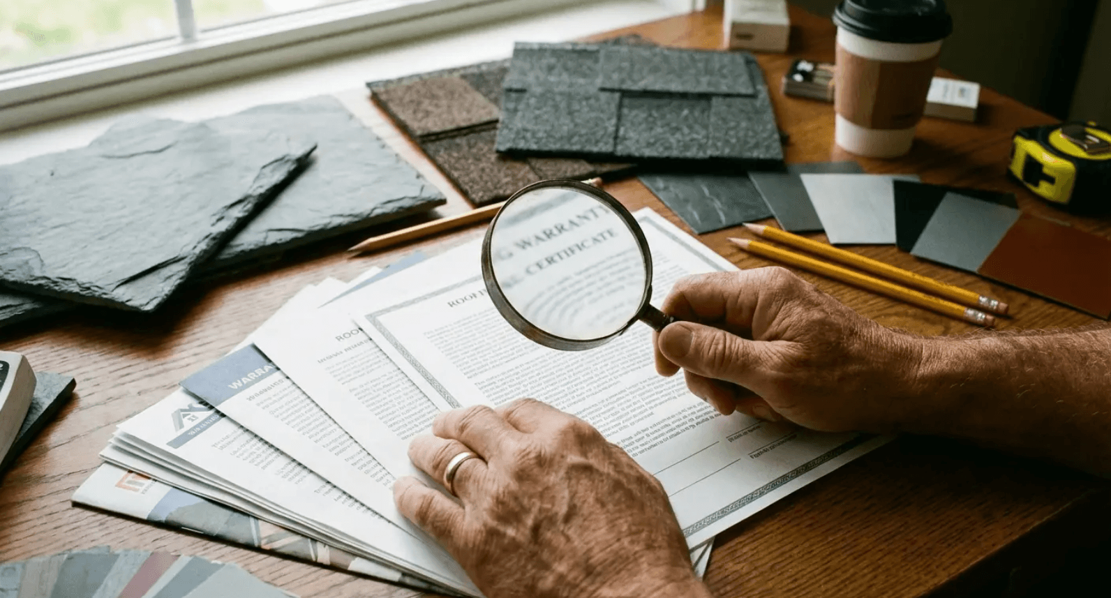 Homeowner reviewing roofing warranty documents before hiring a roofer