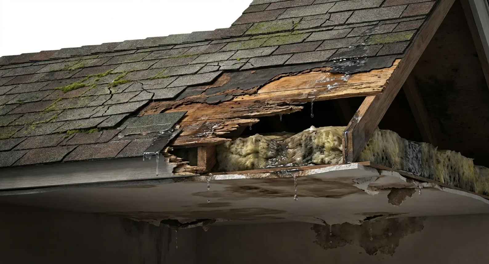 Damaged house roof with missing shingles and exposed wood under the eaves