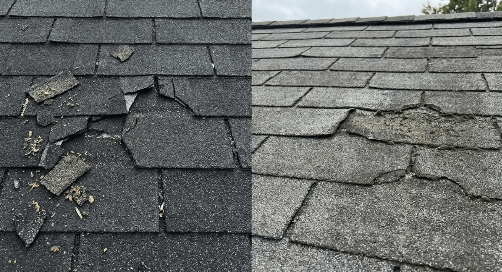 Damaged gray asphalt roof shingles with a section torn away, exposing the underlayment.