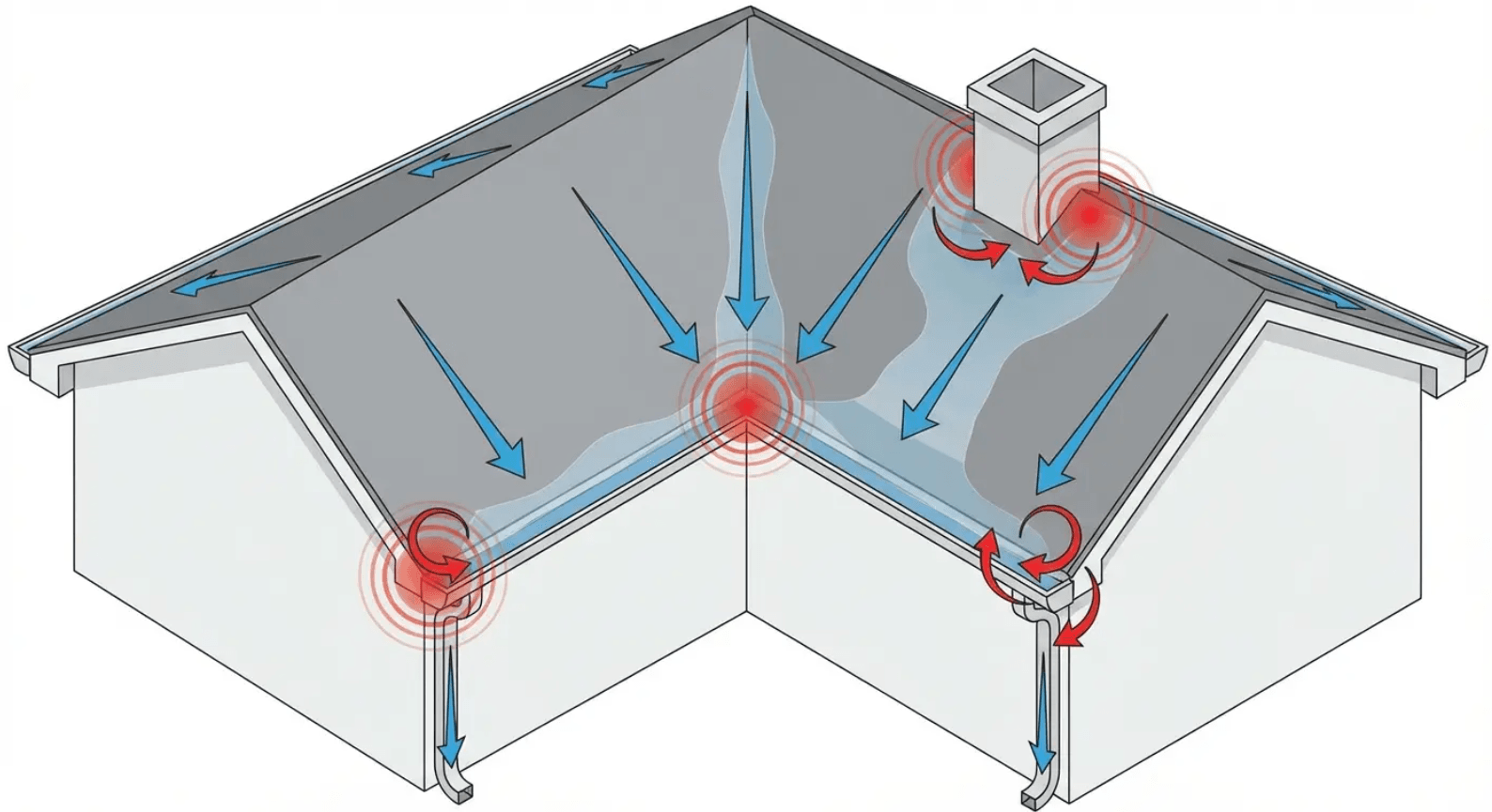 Diagram of home ventilation airflow, with blue arrows and red highlights at vents and roof units