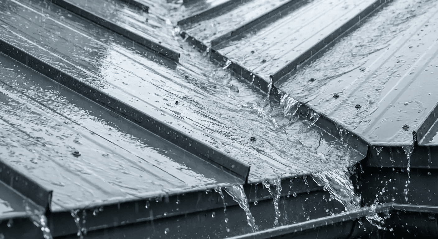Rainwater streaming off a gray metal roof gutter during heavy rainfall