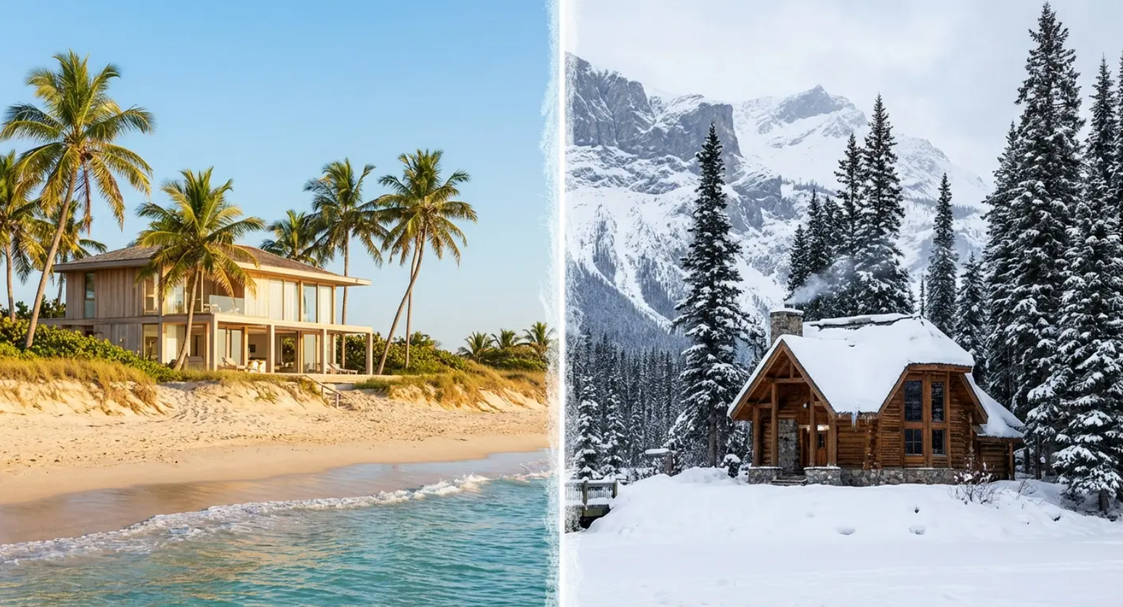 Tropical beach house with palm trees beside a snowy cabin in a winter forest, split scene.