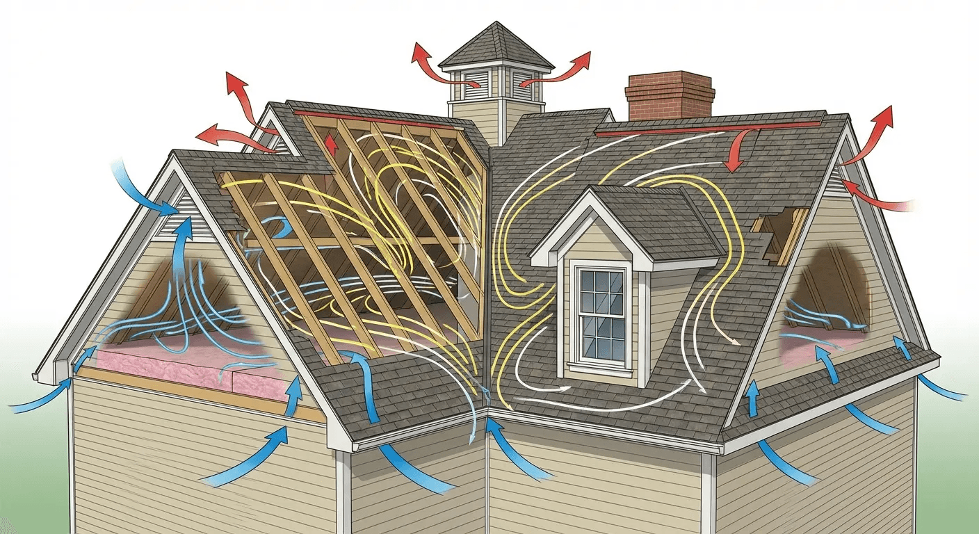 Cutaway of a house roof with blue wind arrows showing airflow and a damaged attic with exposed beams