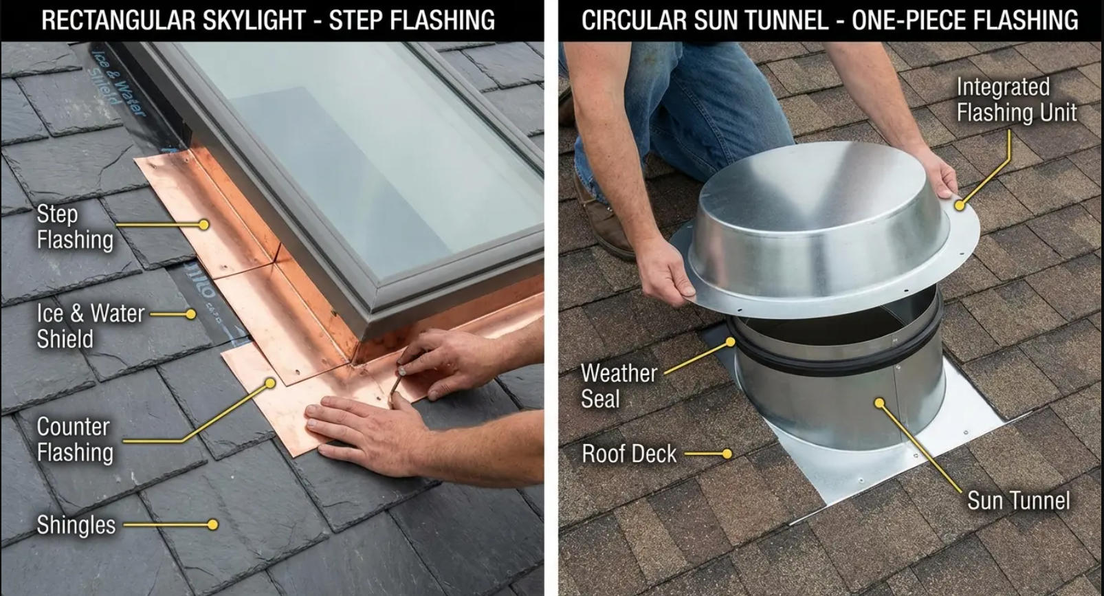 Skylight flashing shown beside the simpler, easier-to-install flashing used for sun tunnels.