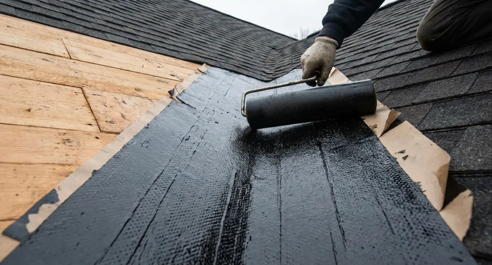 Person applying black sealant to a roof section with a roller.