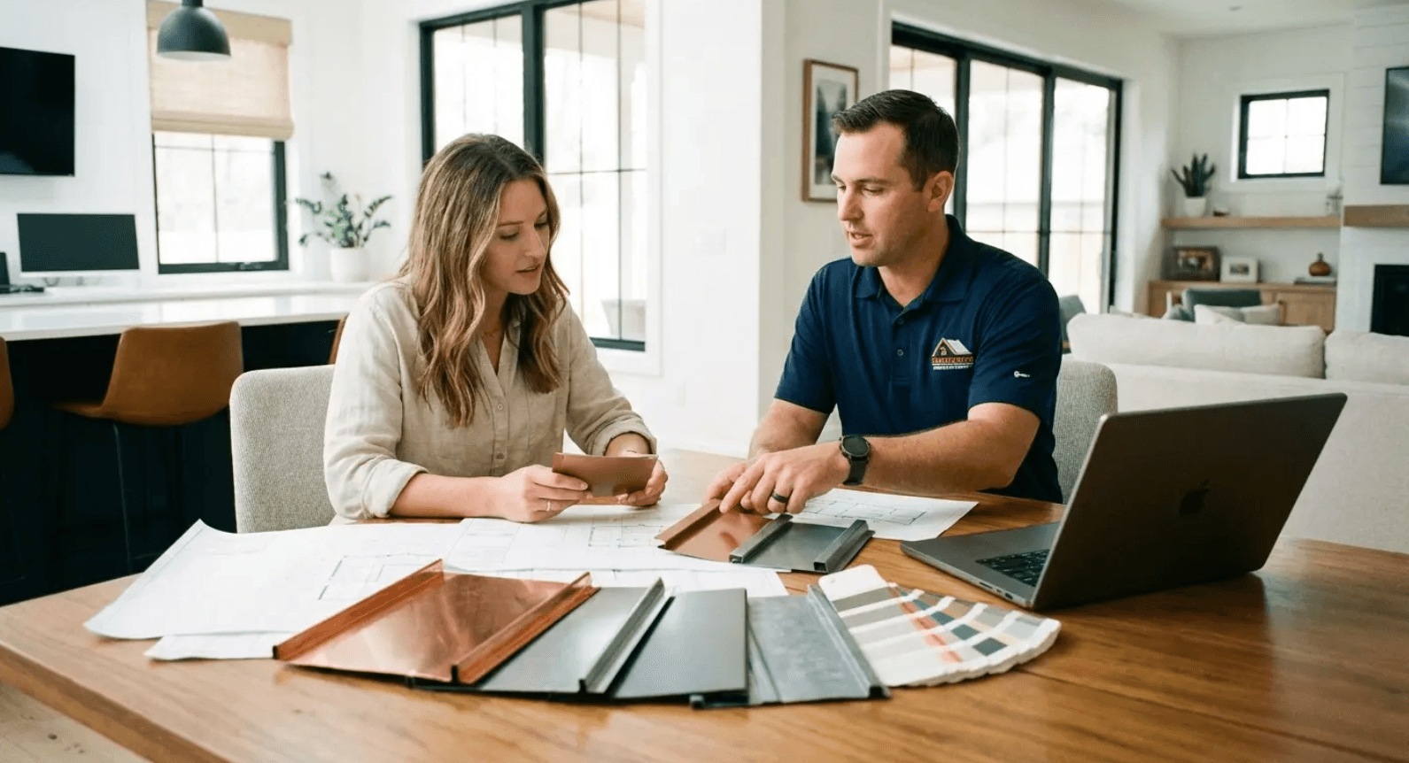 Two people reviewing documents at a table with a laptop in a bright office
