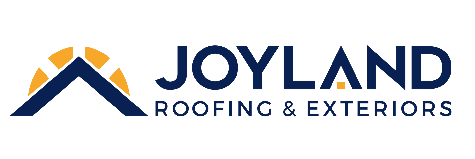 Logo for Joyland Roofing & Exteriors; a roof shape with a sun, and the name in dark blue text.
