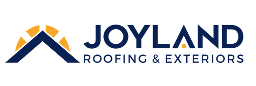 Logo for Joyland Roofing & Exteriors; a roof shape with a sun, and the name in dark blue text.