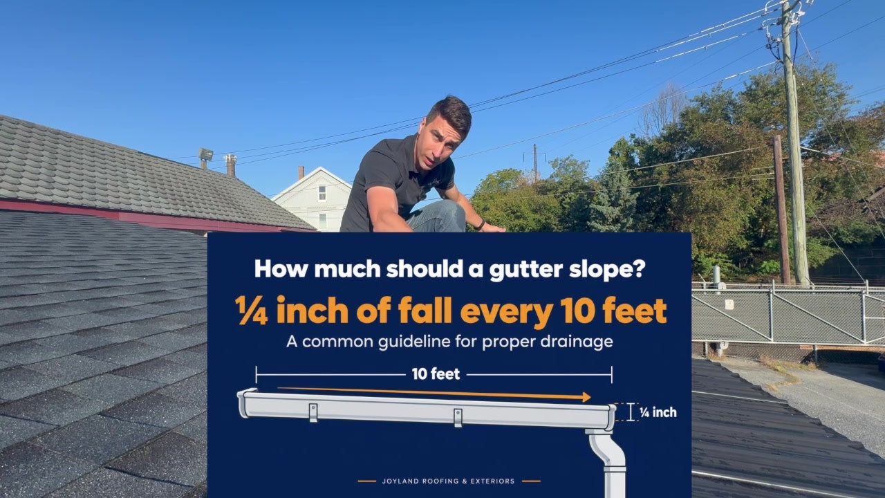 Gutter slope diagram illustrating a quarter inch of drop over a ten foot gutter run