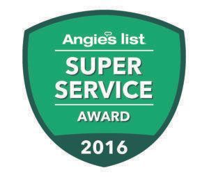 Angie's List Super Service Award 2016 badge in green and white on a shield shape.