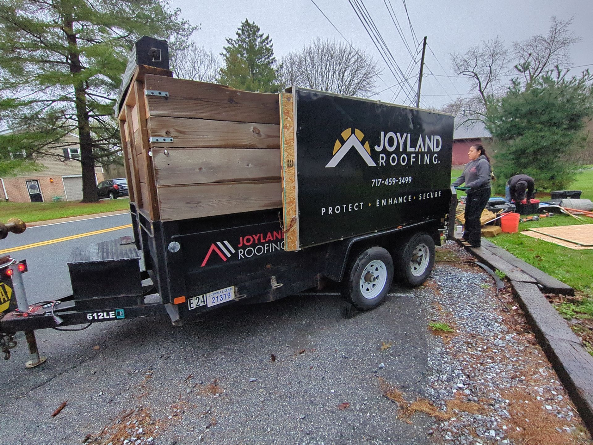 Joyland Roofing trailer on-site during a residential roof replacement project on Nissley Road.
