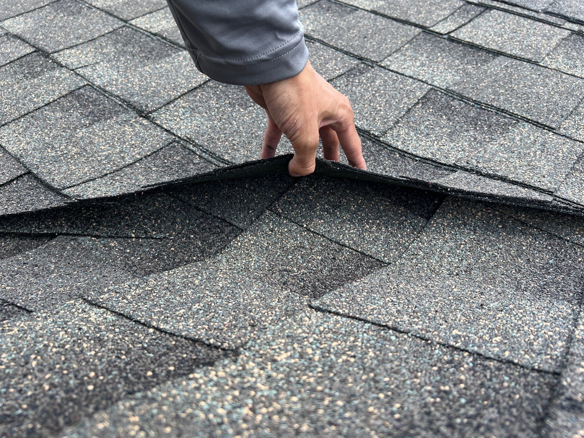 Lifted asphalt shingles inspected during the roof repair process on North Calais Drive in Reading, PA.