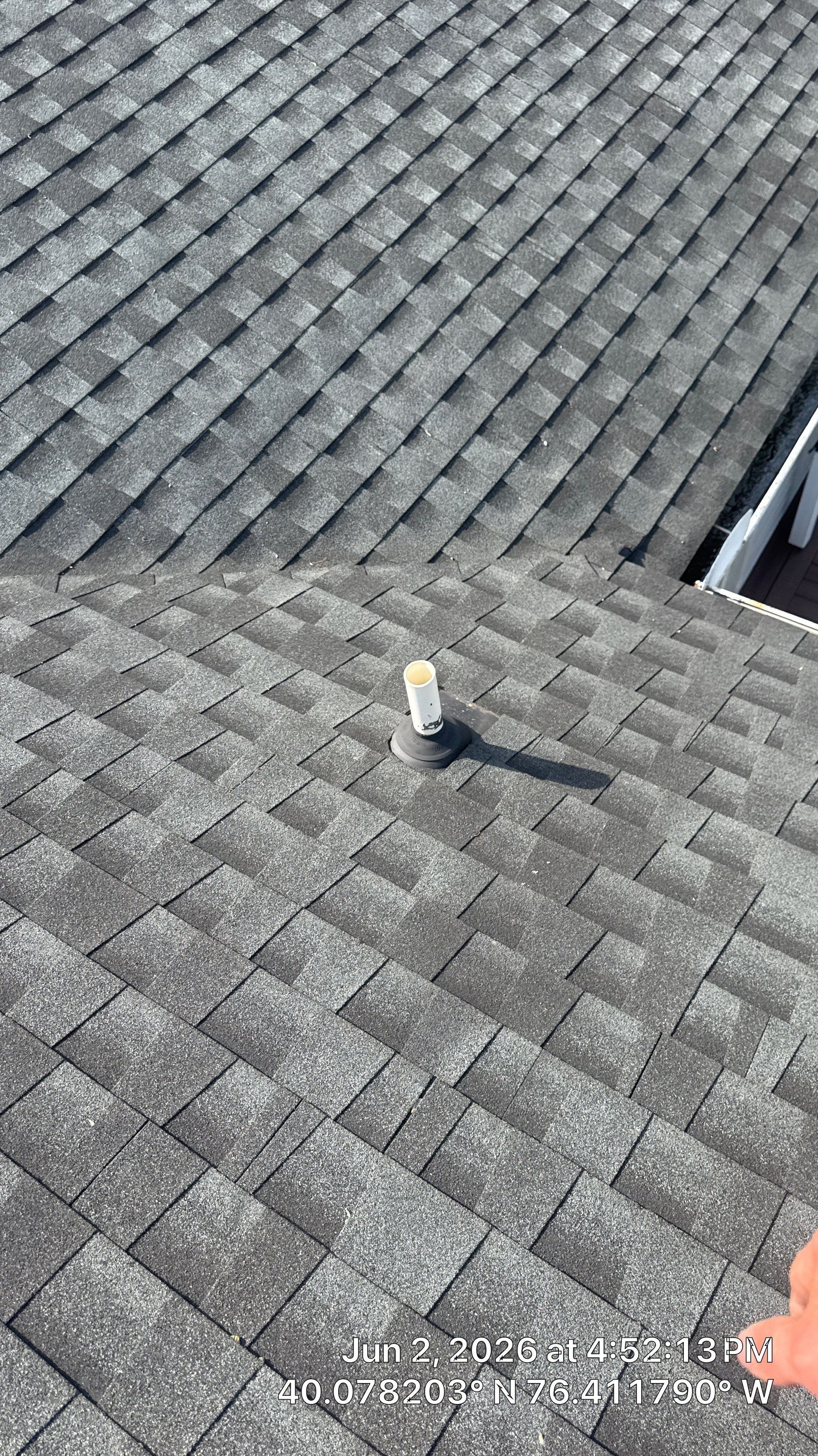 Asphalt shingle roof with plumbing vent boot inspected on Northside Drive in Landisville, PA.