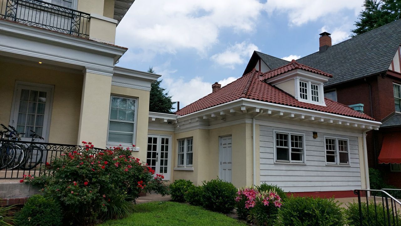 New red tile roof installed during a roof replacement project on Oley Street in Oley, PA.