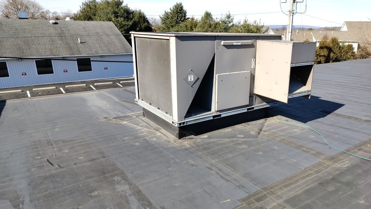 Rooftop HVAC unit on a flat roof beside a low building with trees in the background