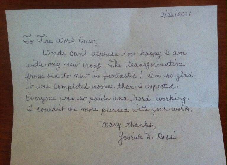 Handwritten thank you note to a work crew for roof work, dated February 22, 2017.