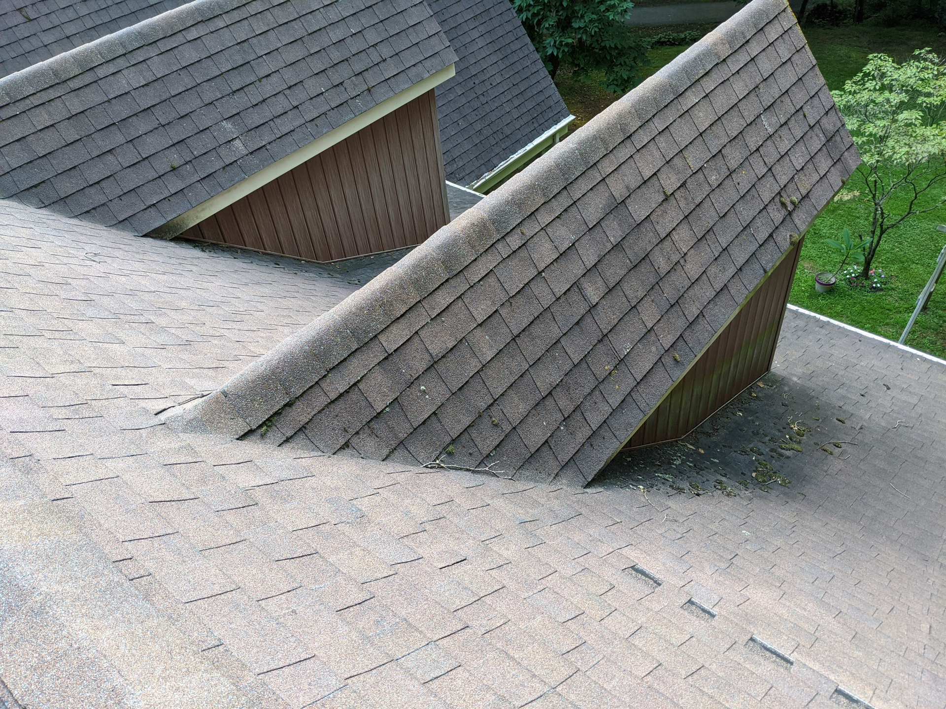 Asphalt shingle roof valleys and intersecting rooflines inspected at a home on Michters Road in Newmanstown, PA.