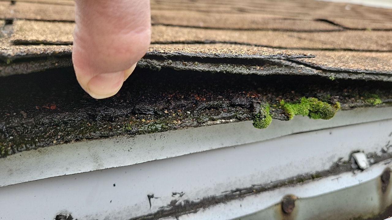 Worn asphalt roof shingles with deteriorated roof edge on West 5th Avenue in Conshohocken, PA
