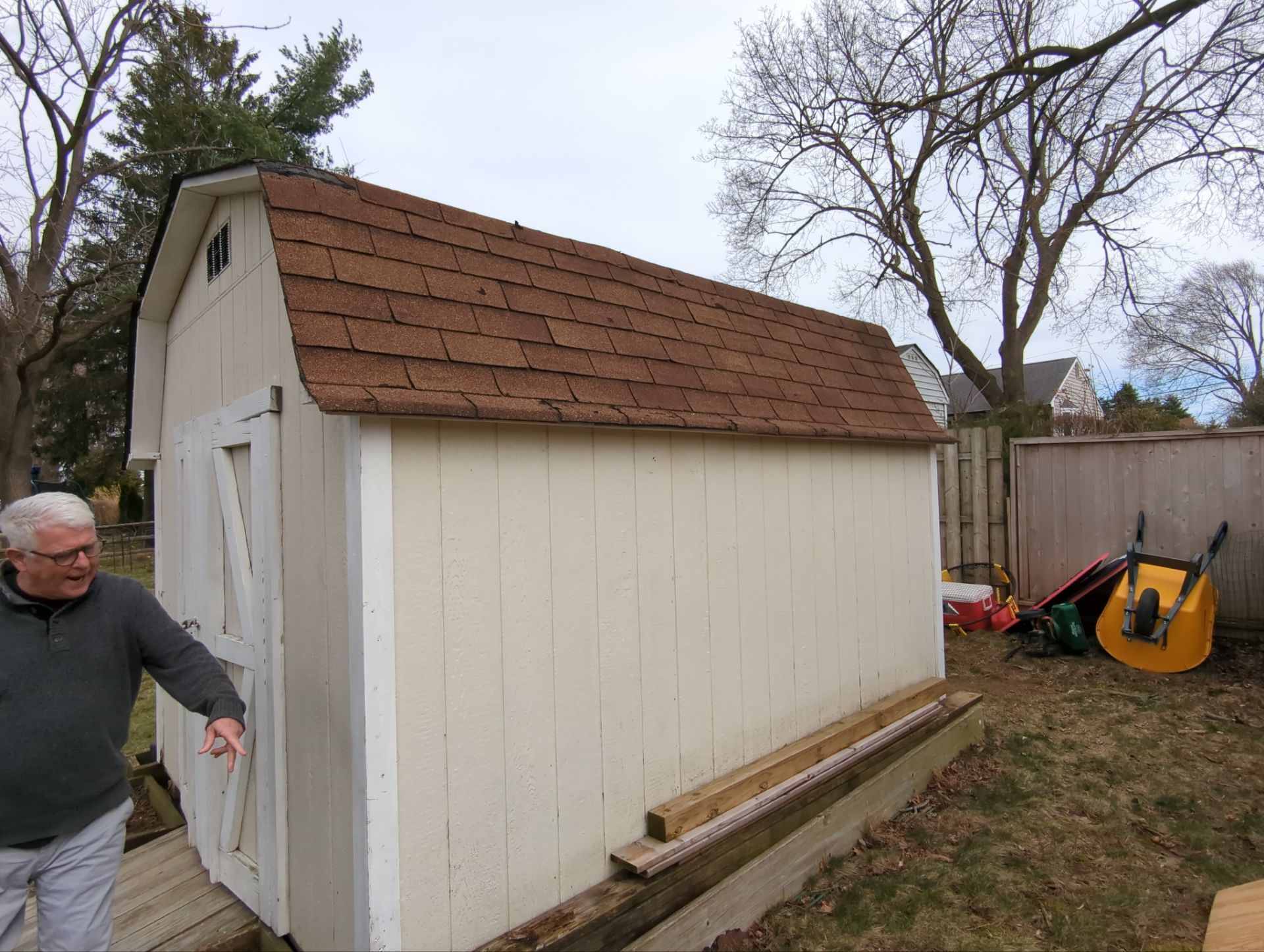 Roof replacement project on Brentwood Drive in Willow Grove, PA showing an aging shingle roof on a residential shed