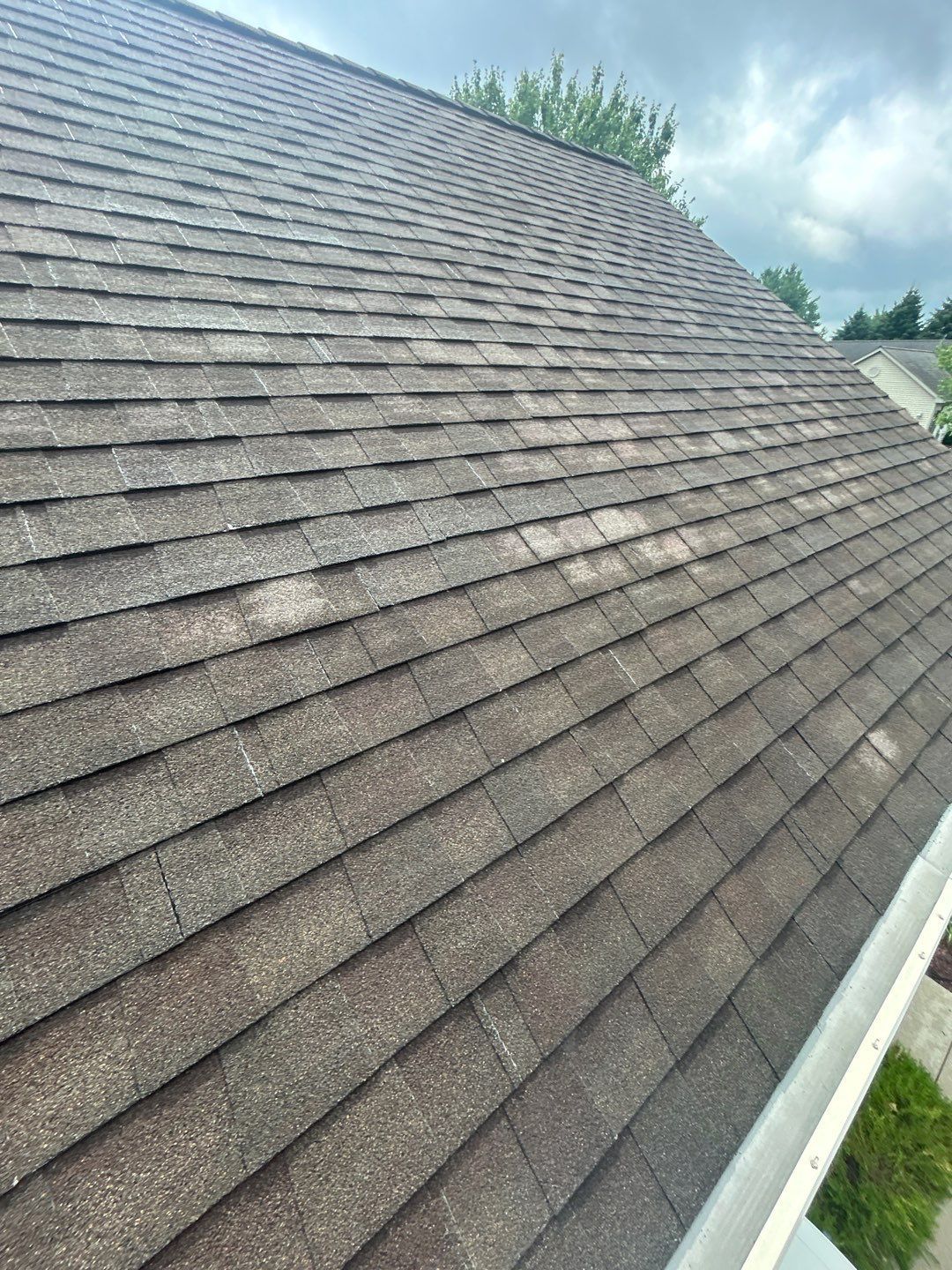Weathered asphalt shingle roof inspected for replacement on a home in Rosemont Drive, Myerstown, PA.
