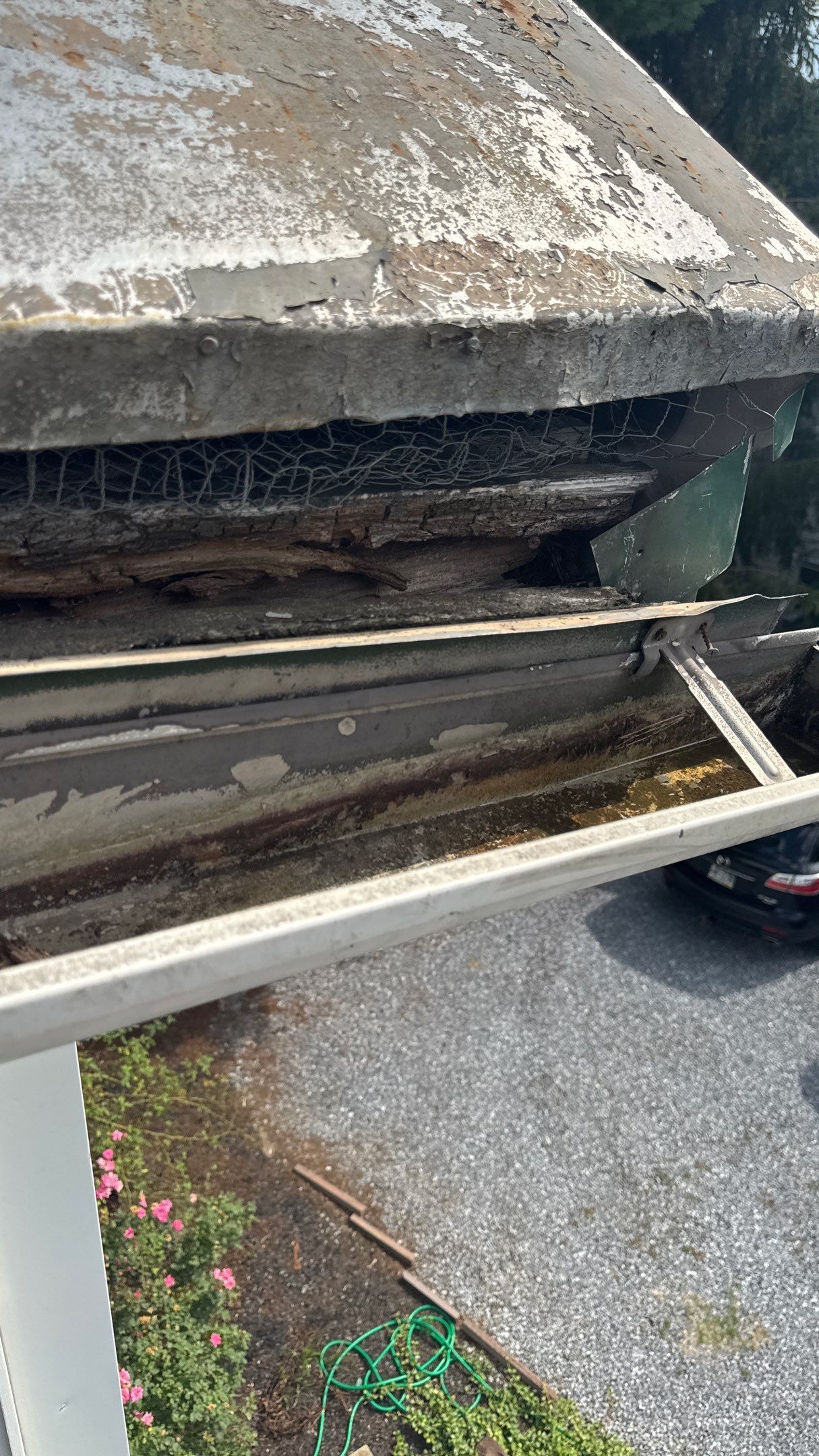 Close-up of severe fascia board rot and deteriorated roof edge discovered during a roof inspection on Heidelberg Avenue in Schaefferstown, PA.