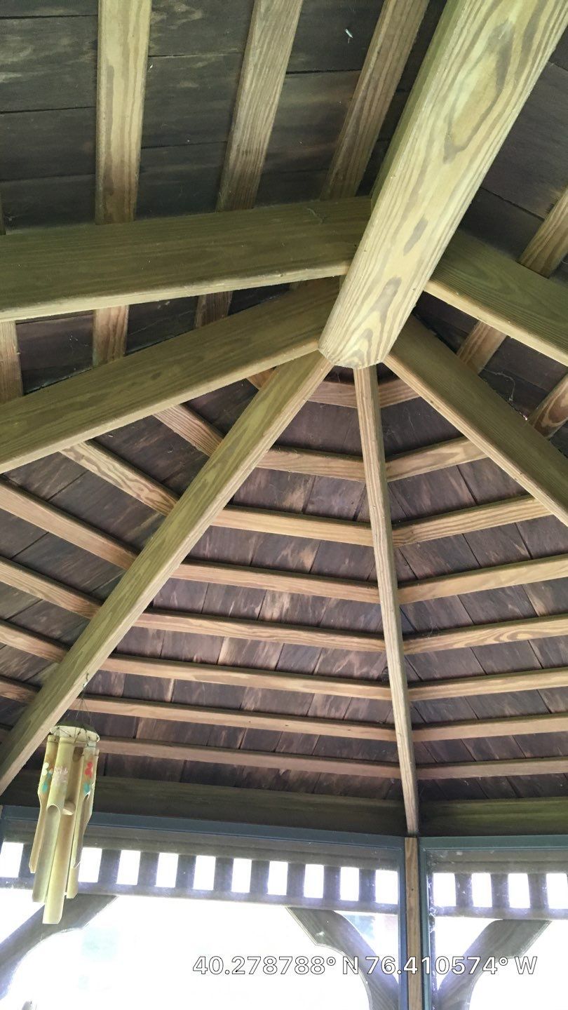 Wooden pavilion roof with exposed beams and rafters viewed from below