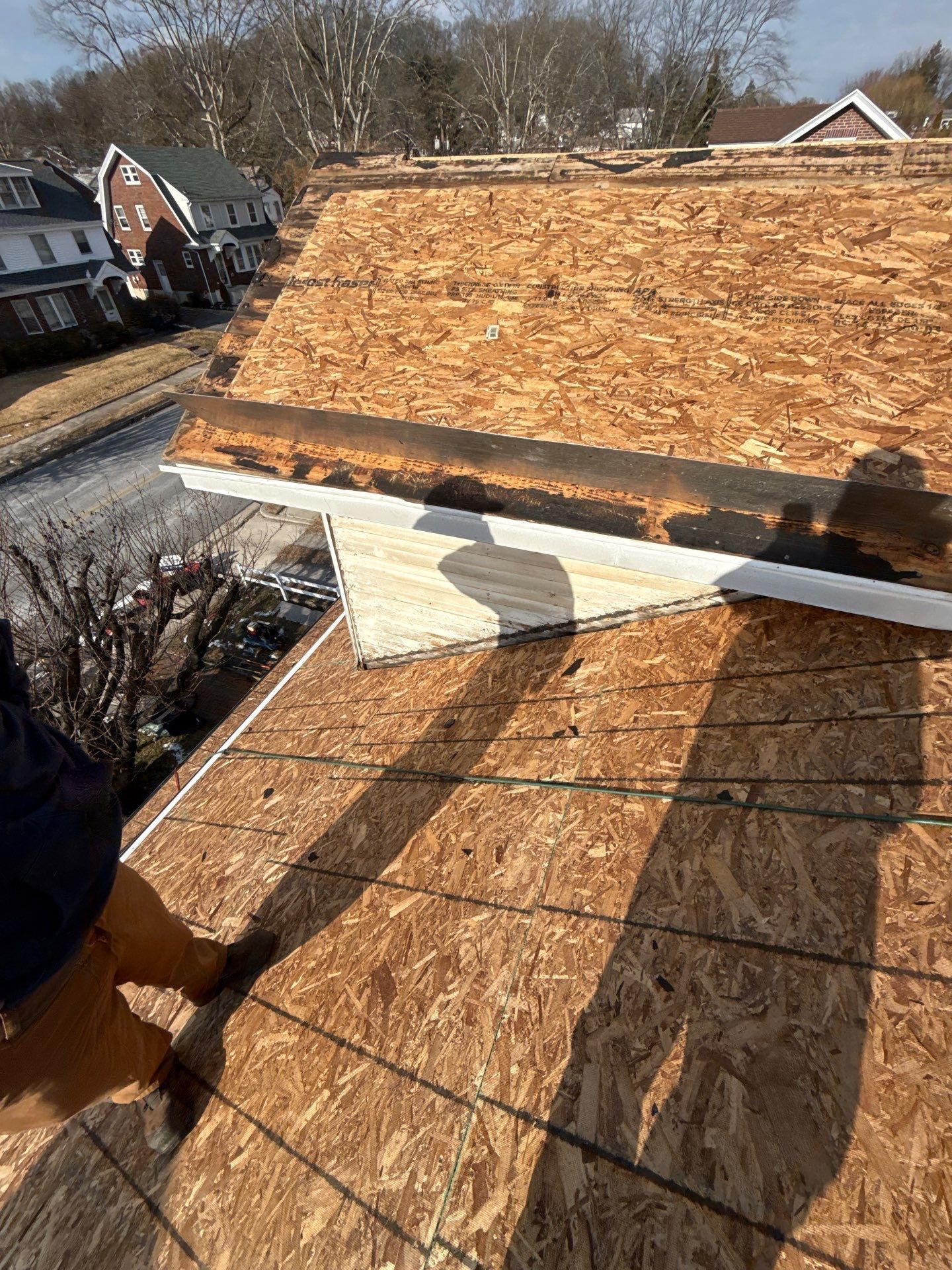 Roof replacement in progress with new roof decking installed on a home along Summit Avenue in Reading, PA.