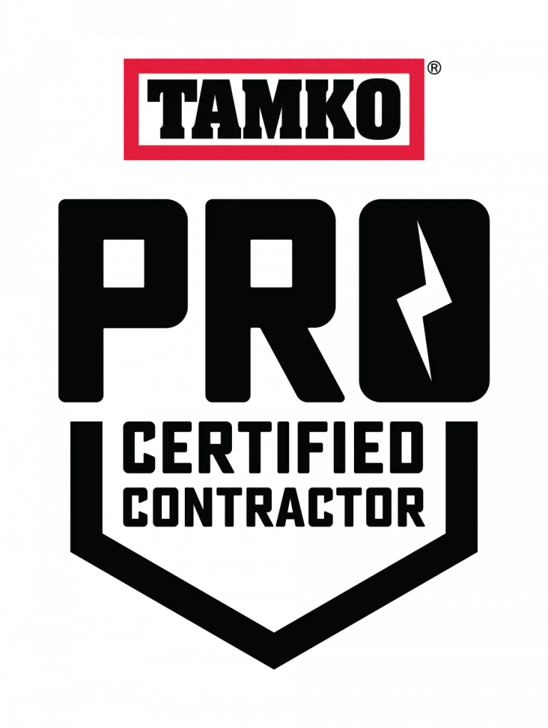TAMKO Pro Certified Contractor logo: Black and white design with red TAMKO brand.