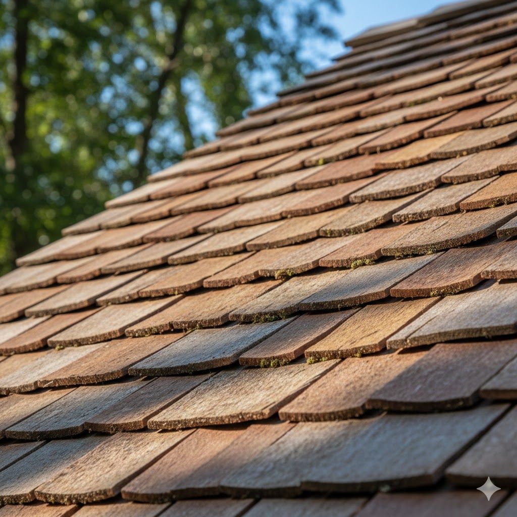 Close-up of a brown, shingled roof with overlapping tiles; blurred green trees in the background.