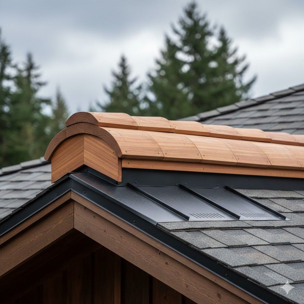 Wooden roof detail with cedar shakes and a black metal valley, trees in the background.