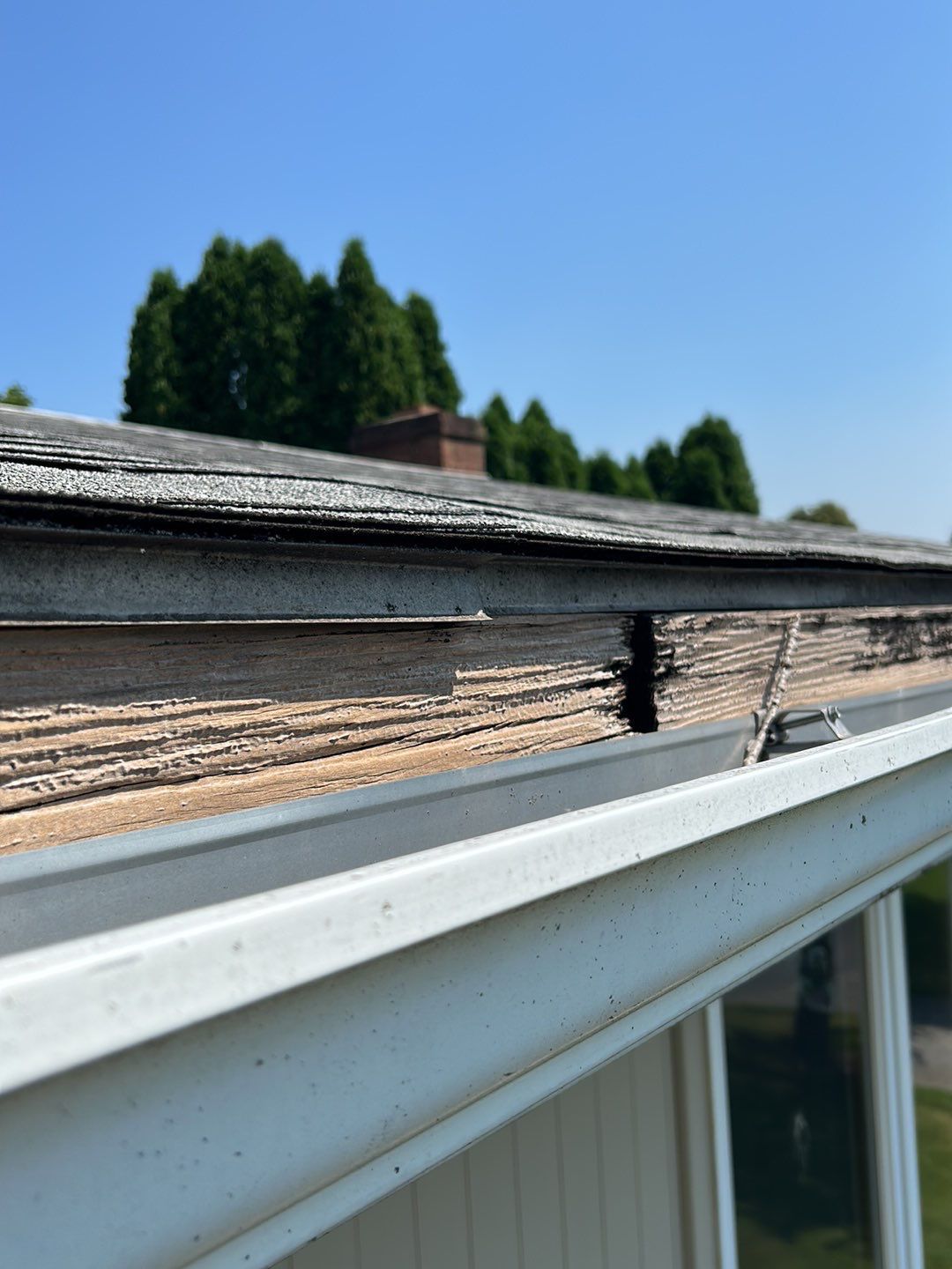 Damaged wooden fascia board discovered during a roof inspection on West McKinley Avenue in Myerstown, PA.