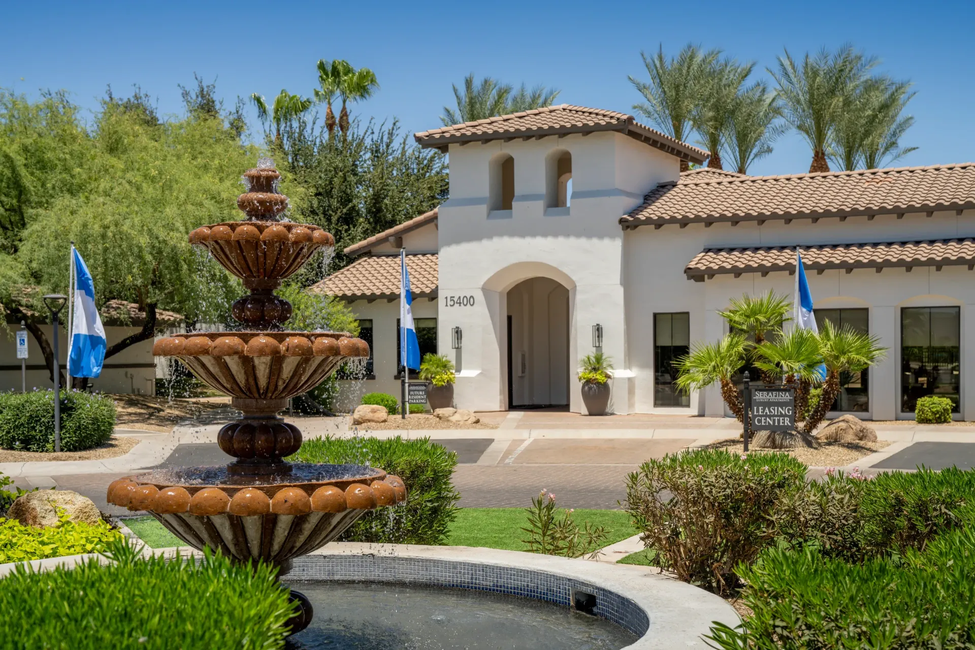 Fountain in front of the leasing center at Serafina Luxury Apartments.