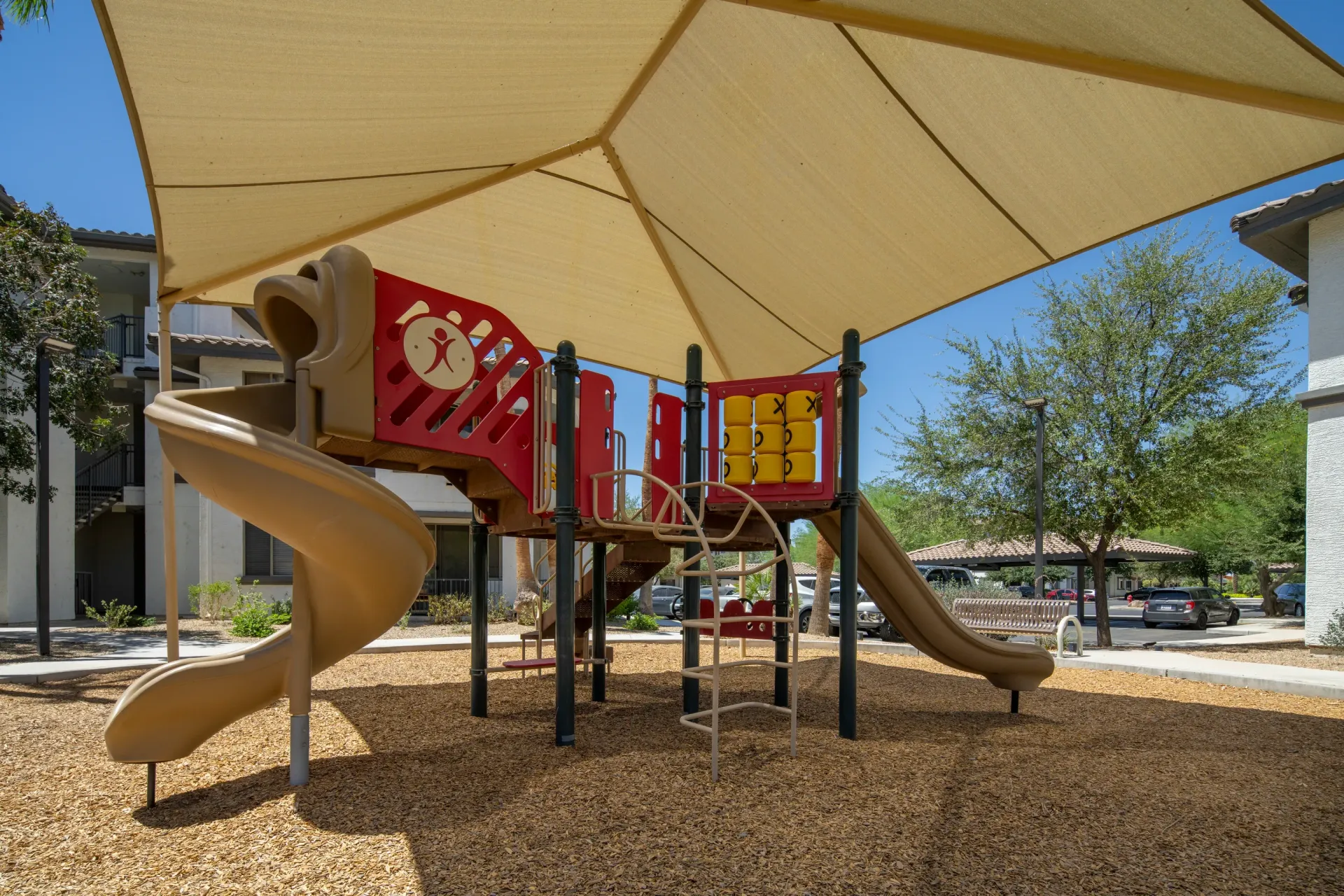 Playground with slides and climbing structures.