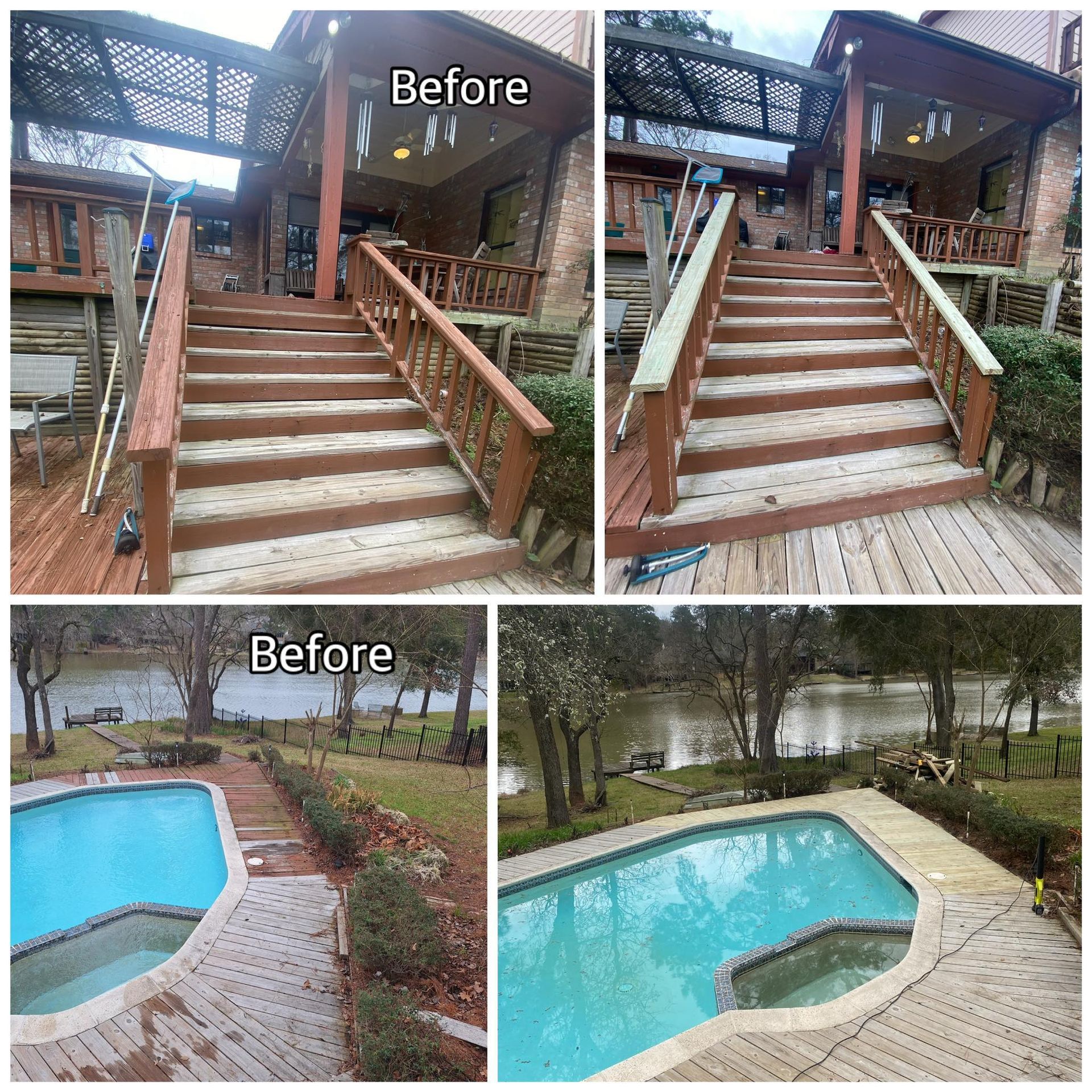 Before and after photos showing wooden stairs and a pool deck cleaned and updated.