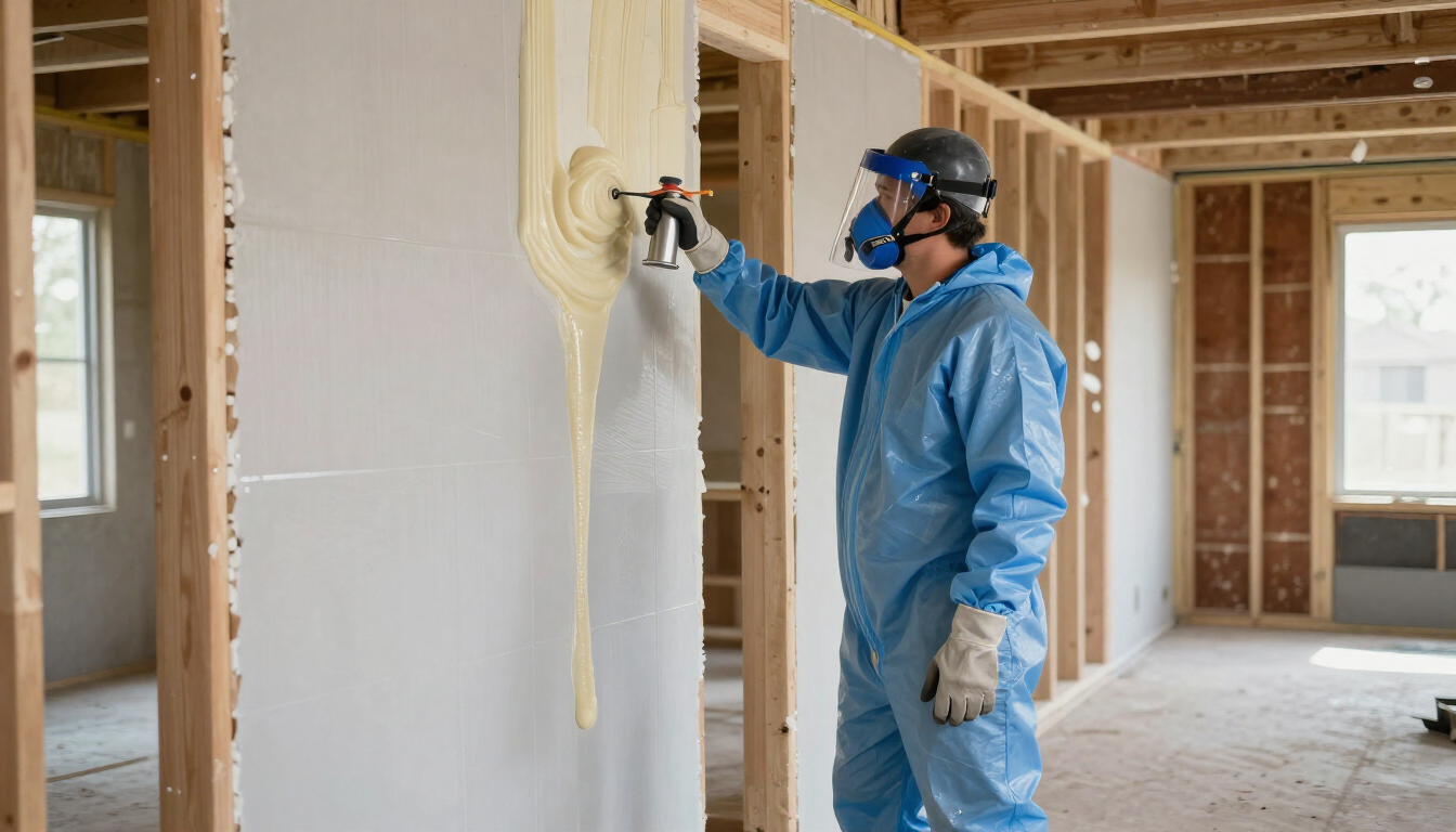 Insulation worker spraying foam