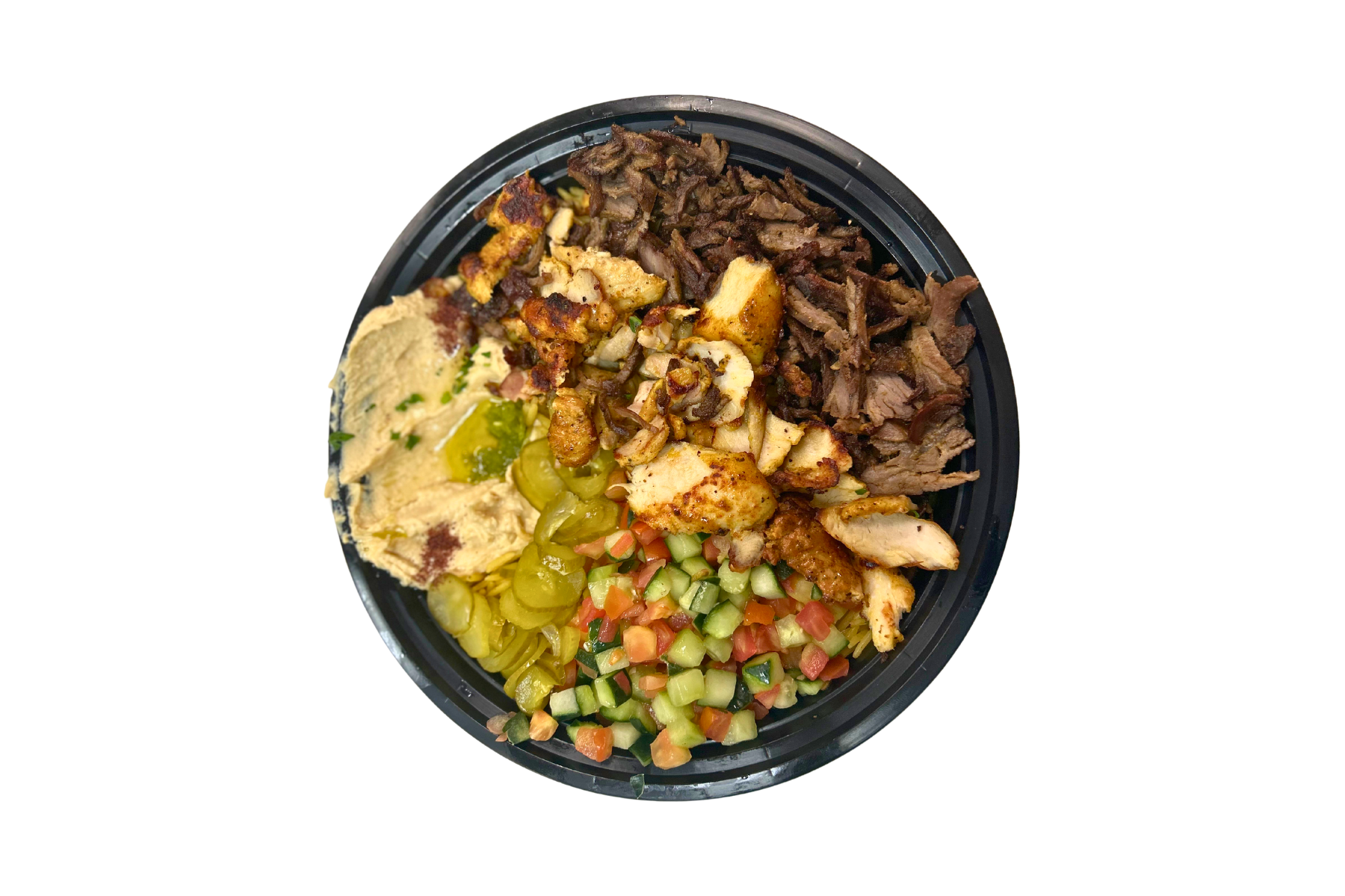 A black bowl filled with a variety of food on a white background.