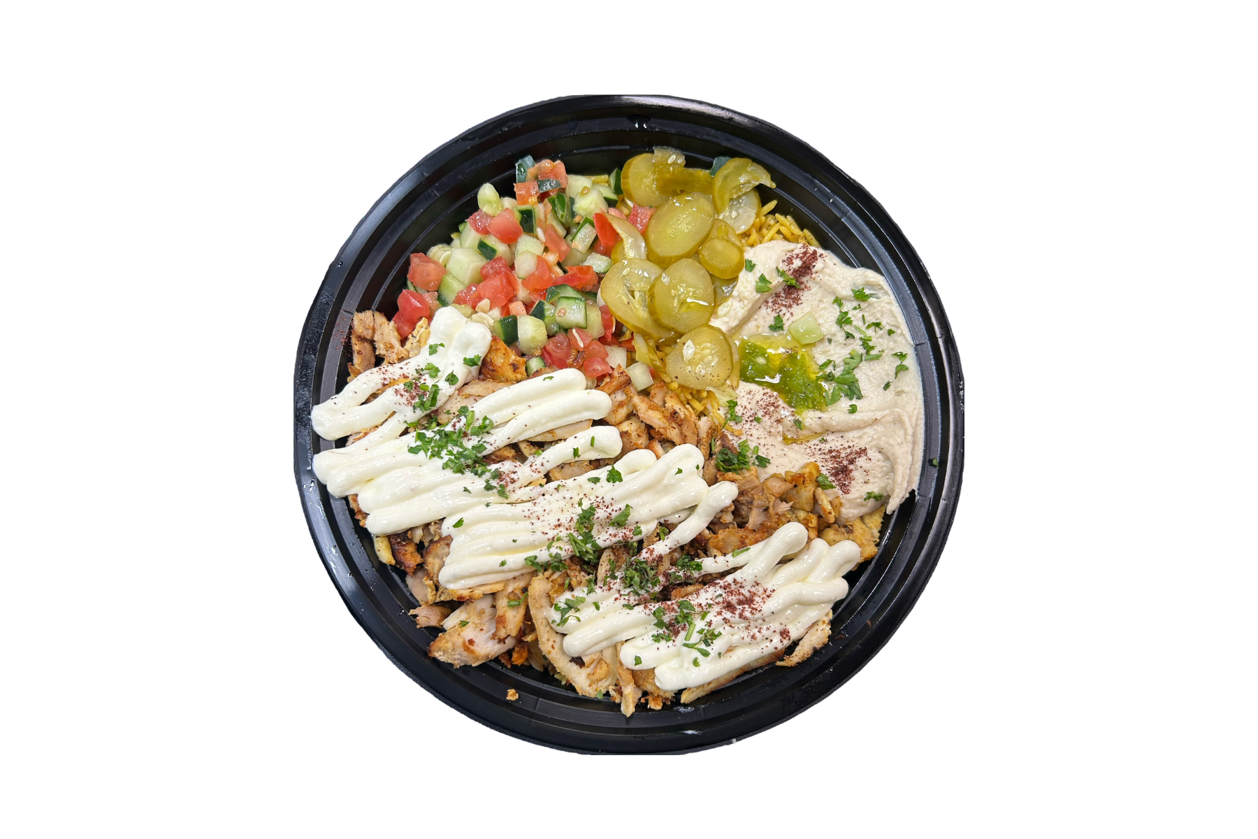 A black bowl filled with food on a white background.